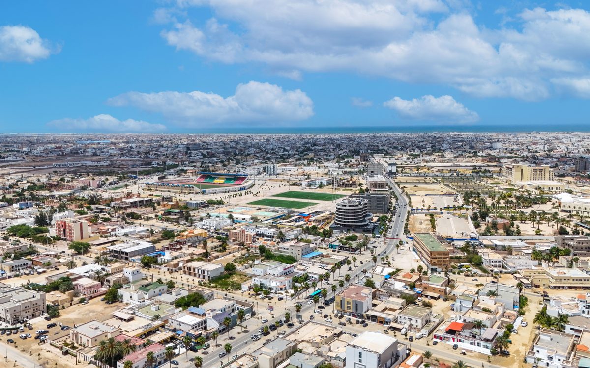 The port and city of Nouakchott seen from the air along the Atlantic coast